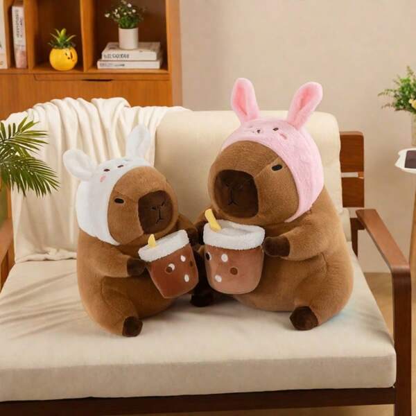 [Popular Choice, Capybara Plush Toy] Capybara Plush Toys, Capybara Dolls - Cartoon Capybara Plush Toys, Milk Tea Cup Capybara Plush Toys With Milk Tea Cup Decorations, Milk Tea-Themed Capybara Plush Toys, Capybaras Wearing Hats