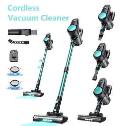 INSE Cordless Vacuum Cleaner, 45kPa Househeld Stick Vacuum Cleaner With LED Lights, Battery Display, Telescopic Pole, Multifunction Accessories, Lightweight Vacuum For Hardwood Floor Carpet Pet Hair, Cyan