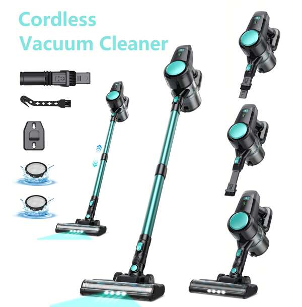 INSE Cordless Vacuum Cleaner, 45kPa Househeld Stick Vacuum Cleaner With LED Lights, Battery Display, Telescopic Pole, Multifunction Accessories, Lightweight Vacuum For Hardwood Floor Carpet Pet Hair, Cyan