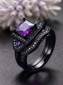 طقم خاتم خطوبة أنيق من الأحجار الكريمة البنفسجية والزركونيا، قطع وسادي اصطناعي، خواتم زفاف، مجوهرات للنساء