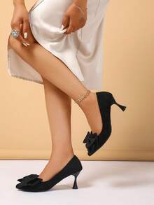 女士经典蝴蝶结装饰休闲办公室百搭高跟鞋 - 黑色 - 查看 4