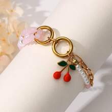 1 pieza Nuevo brazalete asimétrico de piedra natural, brazalete de cadena de cereza y vidrio para mujeres