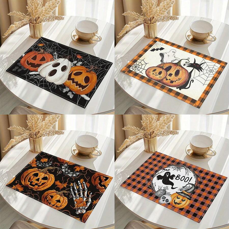 4 pièces Sets de table en lin imprimés d'éléments de citrouille, de diable et de crâne pour Halloween - Sets de table rectangulaires en lin tissé, à utiliser dans le salon, la cuisine, la table de café, la décoration de table de salle à manger