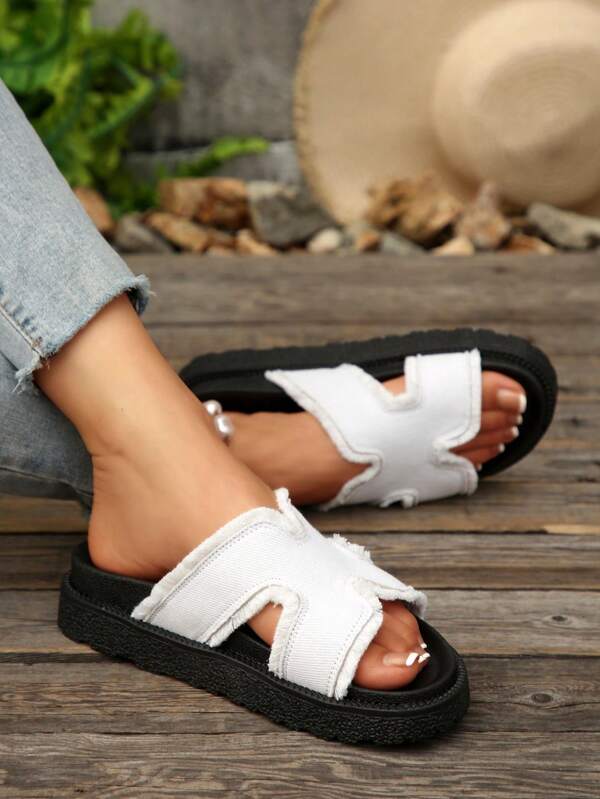 Women's Fashion Versatile White Tassel Edged Casual Vacation Style Platform Slide Sandals, Simple Design For Outdoor Wear, Thick Soles