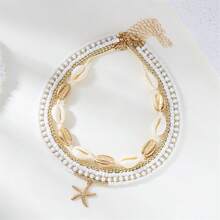 5pcs Summer Beach Ocean Beaded Seashell And Starfish Pendant Necklace, Handmade Choker For Women Vacation & Everyday Wear