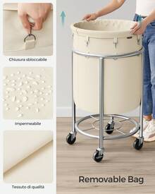 SONGMICS Laundry Basket With Wheels, Rolling Laundry Hamper, 29 Gal., Round Laundry Cart With Steel Frame And Removable Bag, 4 Casters And 2 Brakes - 銀色 - 查看 6