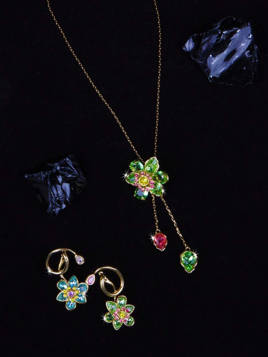 oudina 3 件彩色花卉方晶锆石首饰套装，适合女性日常佩戴 - 彩色的 - 查看 1