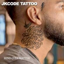 JKCODE TATTOO Waterproof Hand Temporary Tattoo For Men - Street Graffiti - "MIND OVER MATTER" Text Tattoo - Street Art Style Tattoo For Hands, Fingers, Neck, Head, Lasts Up To 15 Days - Navy Blue - View 4