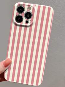 1pc Simple Striped Pattern Glossy Perforated Faux Leather Full Cover Hard Phone Case Suitable For IPhone 11/12/13/14/15/16 Pro Max Waterproof Shockproof Anti-Fall Scratch Resistant