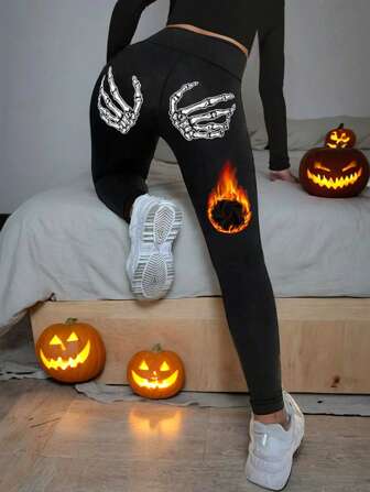 女式高腰弹力保暖天鹅绒瑜伽裤，提臀收腰，手工丝网印花，适合秋冬季、健身、普拉提、跑步、户外休闲裤 - 万圣节风格，羊毛