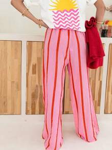Striped Elasticated Waist Faux Drawstring Casual Pants For Daily Wear, Home, Travel And Commuting, Spring/Summer Pink - Pink - View 2