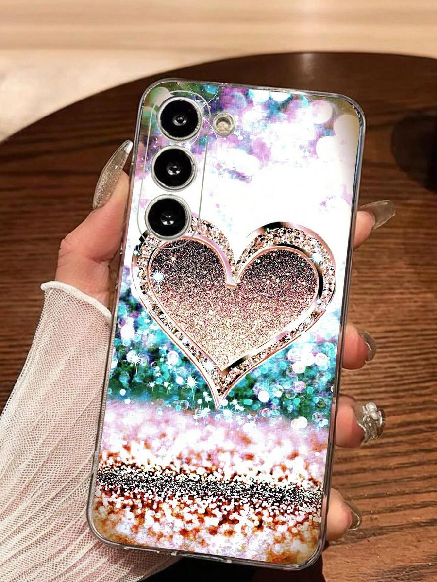 1个奢华闪亮钻石心形透明软手机壳，兼容三星Galaxy A04e/12/A13/A14/A34/A50/A52/A53/A54/S21/S22/S23/S24/S25/S25 Ultra，送给爱人的礼物，情侣手机壳，国际版，非国内版 - 無色 - 查看 1