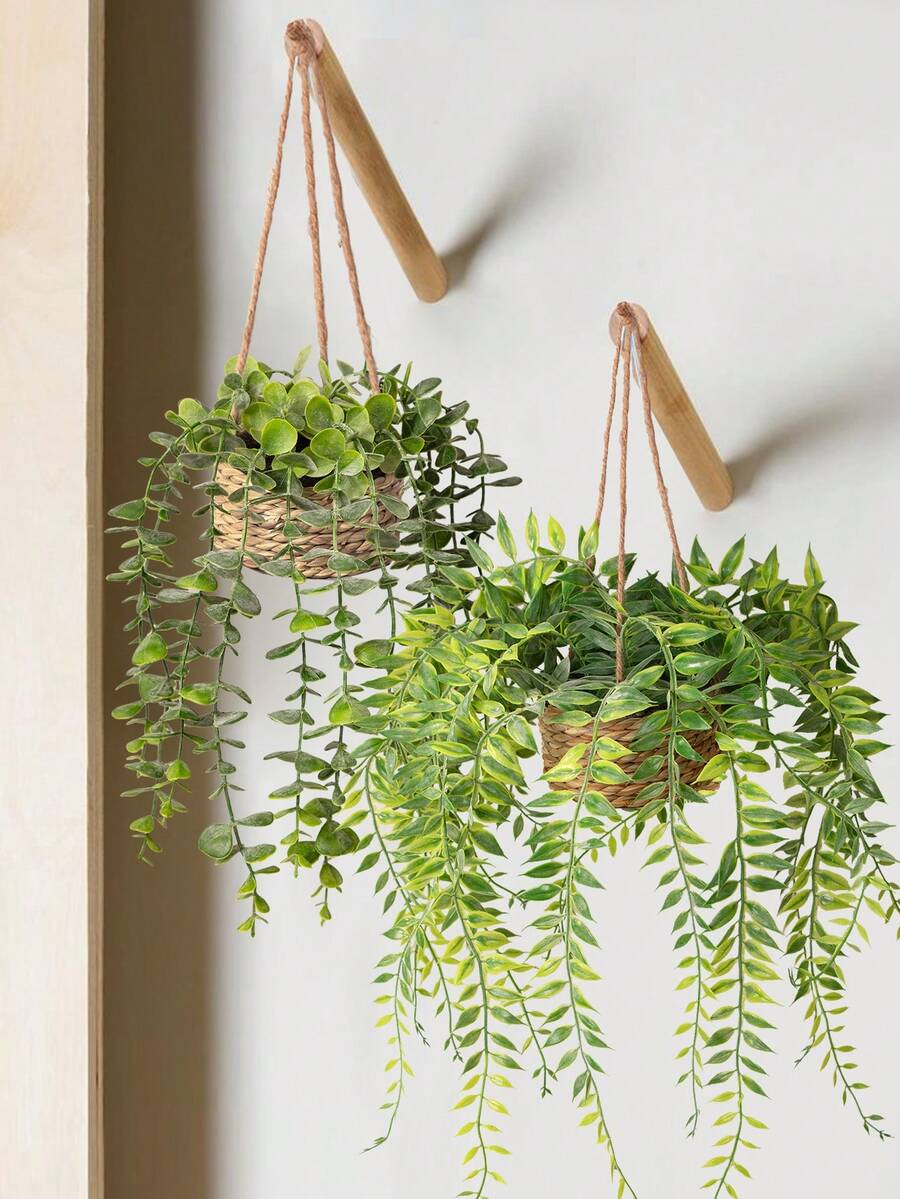 1pc/2pcs Hanging Eucalyptus Leaves & Fern Artificial Plants, Polyester Fiber Hanging Succulent Decor, Green Ornaments, Suitable For All Year Round, Spring/Summer Decoration, Applicable For School Dorm, Office, Party, Birthday, Home, Hotel, Restaurant, Living Room, Bedroom, Wedding, Kitchen And Garden