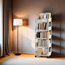 Multi Layer Mobile Bookshelf With Wheels That Can Be Moved To The Ground, Suitable For Storing Books, Office And Learning Supplies In Living Rooms, Bedrooms, And Offices, With 5 Layers Of White Color - 白色 - 查看 6