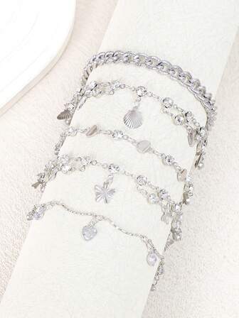 5 st/1 st Fashionabla & Eleganta Hjärtformade Zirkonium-, Snäck-, Fjäril-, Silverarmbandsset För Kvinnor, Lämpliga För Vardagskläder, Strand, Dejt, Fest, Musikfestival, Presenter