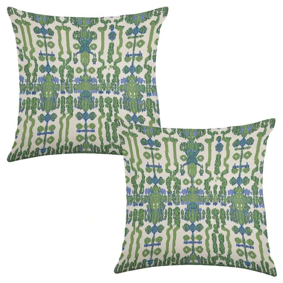 2pc Green And Blue Ikat Throw Pillow Cases, Square Accent Geometry Ikat Exotic Pillow Covers, Cotton Linen 18x18 Inch Single Side Print Gorgeous Cozy Square Farmhouse Pillow Sham For Indoor Couch Bed Car, Without Filling, Also Can Be A Fun Gift, Geometry Ikat Exotic Housewarming Gifts, Sofa Pillow Case With Hidden Zipper Rustic Decorative She Shed New Home - 淡黃色 - 查看 1