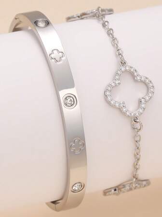 Set de 2 piezas de brazalete y pulsera de trébol de moda y lujo, de acero inoxidable versátil para mujer, apropiado para uso diario y como regalo