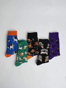 5 Pairs Women Cartoon Dog Print Socks, Cute Animal Pattern Comfortable Daily Casual Fashion Mid-Calf Socks, Autumn/Winter