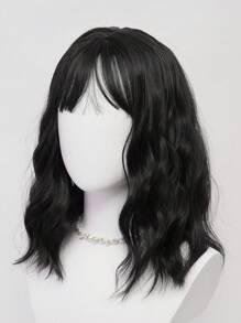 XYUNMI Retro Natural Black Short Curly Bob Wig 16 Inch With Bangs Water Wave Wig Easy To Care Breathable Fluffy Natural Women's Heat Resistant Synthetic Fiber Wig Suitable For Daily Wear Holiday Party Wig Cosplay Halloween Fashion Wig