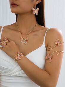 Designer Fashion Vintage Colorful Enamel Butterfly Decorated Pendant, Bracelet, Ring, Earring, Arm Band Jewelry Set, Suitable For Women Beach Vacation Wear, Excellent Gift Choice For Festivals