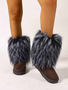 Women Solid Color Cute Y2K Faux Fur Fabric Patchwork Boots, Fashion Boots For Holiday, Vacation, Party, Outdoor, Spring Autumn Winter