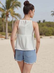Women's Tie Strap Tank Tops Solid Plaid Pattern Side Ties Sleeveless Spaghetti Straps Camisole for Summer - Blanco - Ver 4