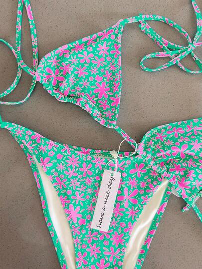 Polovedo 官方女士性感花卉印花吊带系带比基尼套装