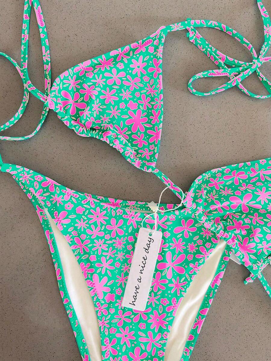 Polovedo 官方女士性感花卉印花吊带系带比基尼套装