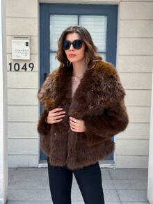 Seelio秋冬新款加厚仿狐狸毛连帽中长款仿皮草外套青春优雅 - 棕色 - 查看 10