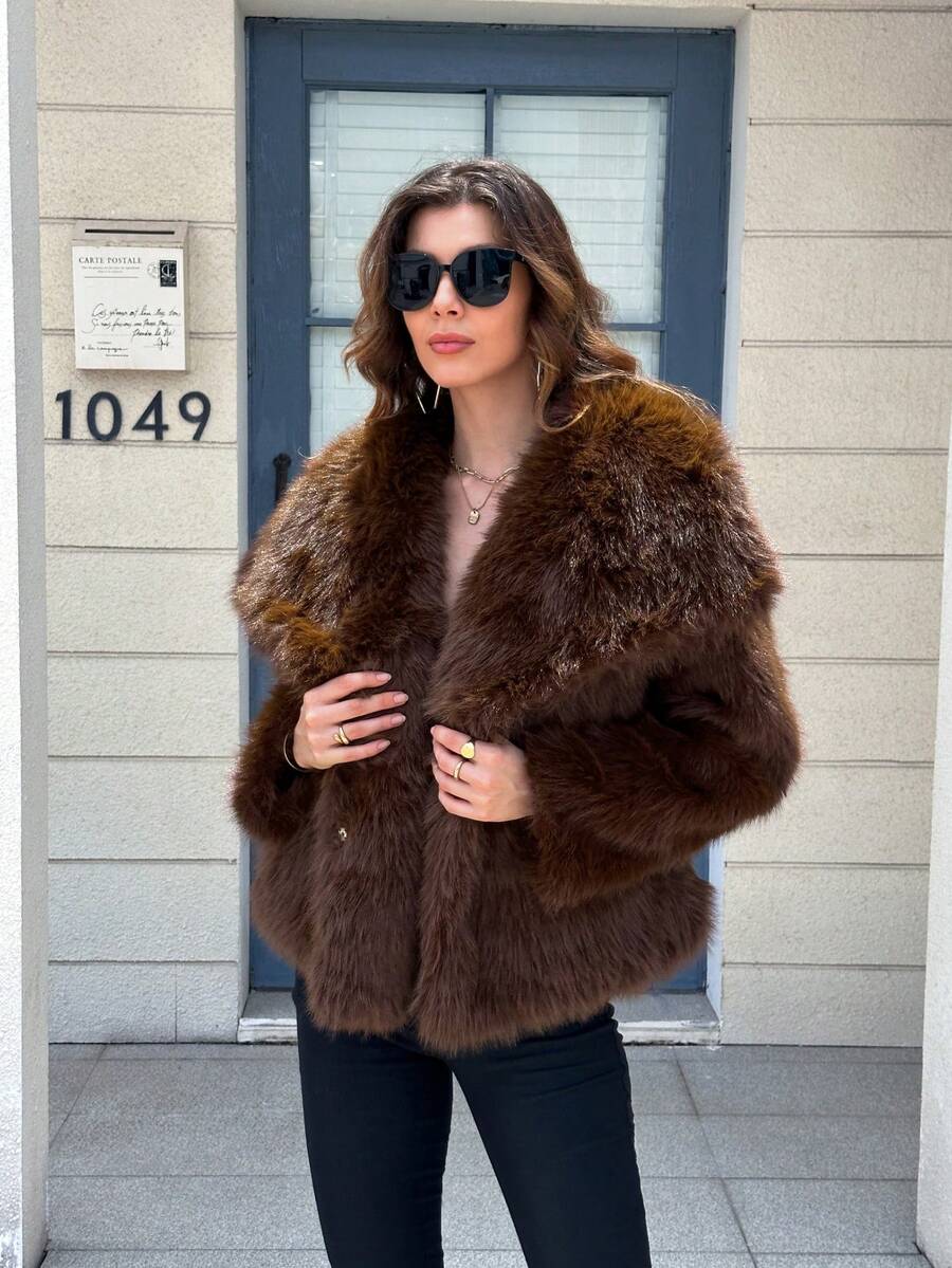 Seelio Autumn/Winter New Thickened Faux Fox Fur Mid-Length Faux Fur Coat, Youthful Elegant Brown