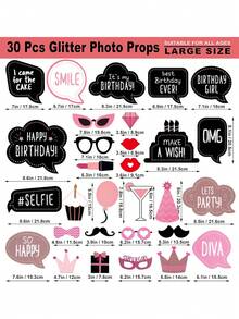 30 件（玫瑰金）生日照片亭道具节日套装 - 生日快乐派对礼品用品派对装饰套装，配有真闪光标志姿势套装 - 彩色 - 查看 4