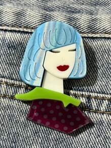 1pc Cartoon Girl Wearing Fan-Shaped Earrings Acrylic Brooch, Handmade Patchwork Cute Bag Accessory Pin, Suitable For All Seasons Jewelry Costume Accessories Bag Charms Office Accessories