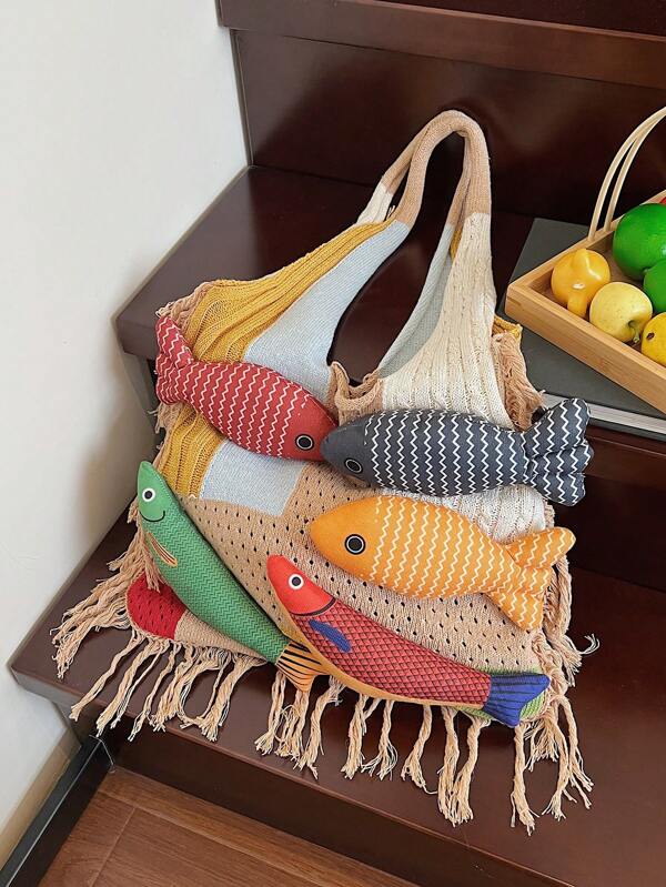 1 pieza Bolso de hombro grande con forma de pez y bloques de color, Bolso bohemio de ganchillo para mujer, adecuado para la playa, vacaciones y uso diario