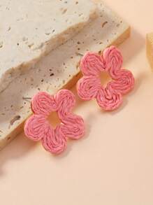 1 Pair Handmade Raffia Straw 6-Petal Flower Stud Earrings In Contrasting Colors Like Beige, Blue, Green, Pink - Bohemian Style, Suitable For Daily Wear