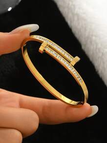 3pcs Stainless Steel Golden Bracelet Set 18K Vacuum Electroplating, Not Easy To Fade, Inlaid With Zirconia, Suitable For Daily Wear, Fashionable And Elegant Ladies' Bracelet Set Jewelry Gold Jewelry Jewelry Women Bracelets Accessories Women Stainless Steel Jewelry Bracelets For Women Western Jewelry