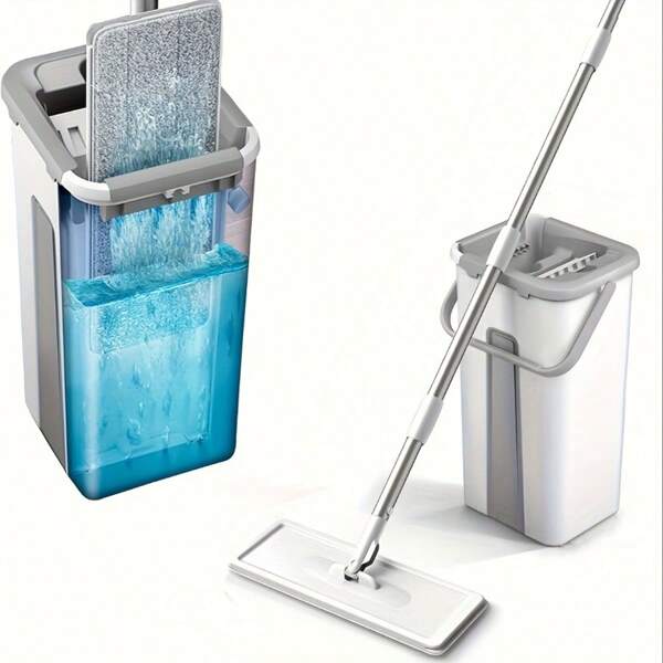1pc 360 Flat Mop With Bucket - Easy Wet & Dry Floor Cleaning, Microfiber Dust Mop For Home, Bedroom, Bathroom, Living Room, Bedroom Cleaning|Modern Mops Design| Plastic Mop Stainless Steel Dry & Wet Dual-Purpose Flat Mop With Integrated Bucket Washing & Scraping