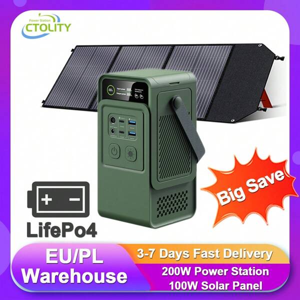 CTOLITY CTOLITY 200-W-Powerbank-Station (60000 mAh), 192 Wh, tragbares Kraftwerk, LiFePO4-Akku mit 100-W-Solarpanel, 18 V, USB Typ C, 200-W-Solargenerator für Camping im Freien