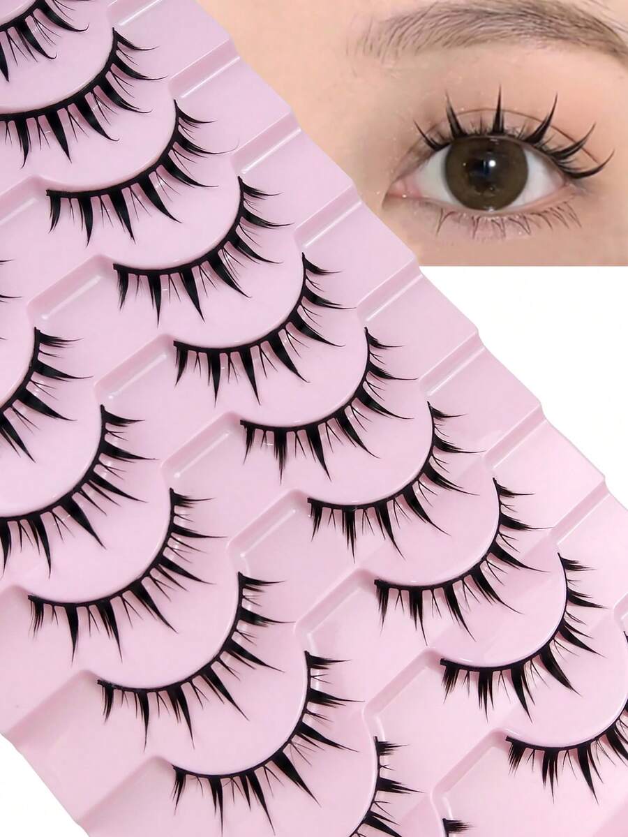 10 Pairs Natural False Eyelashes Manga Lashes 3D Faux Mink Lashes Soft Winged Natural Realistic Eyelash Extension - 黑色 - 查看 1