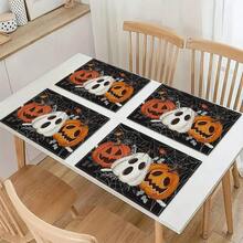 4 pièces Sets de table en lin imprimés d'éléments de citrouille, de diable et de crâne pour Halloween - Sets de table rectangulaires en lin tissé, à utiliser dans le salon, la cuisine, la table de café, la décoration de table de salle à manger