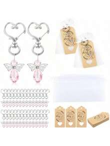 30 pièces Porte-clés cœur en forme d'aile d'ange argenté, comprenant 30 porte-clés, 30 cartes de remerciement et un sac en organza, convenant pour les cadeaux de baptême, mariage et première communion