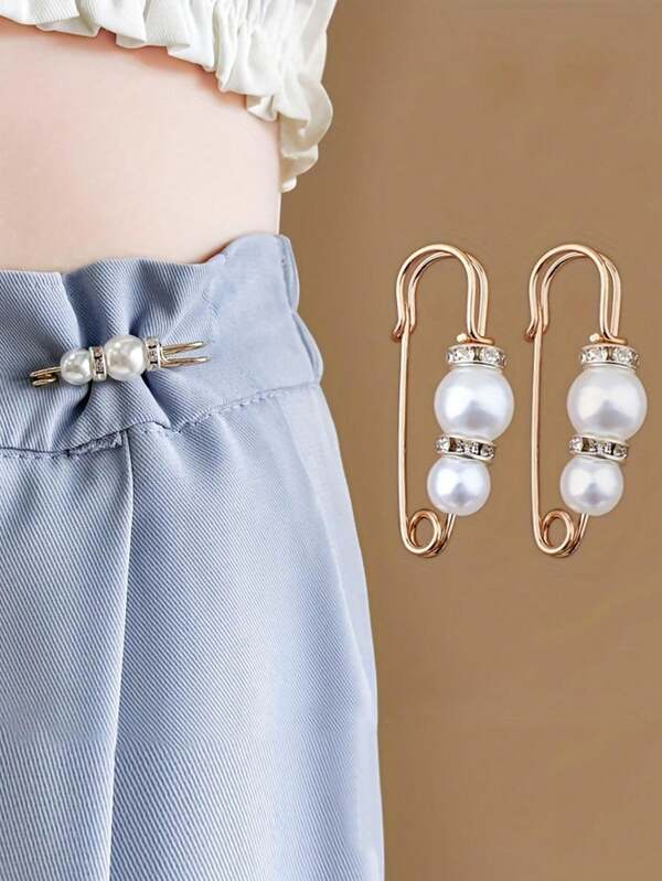 2pcs Waist Cincher Clips, Shirt Collar Clips, Pearl Decor Anti-Exposure Brooch, Women Fashion Accessories
