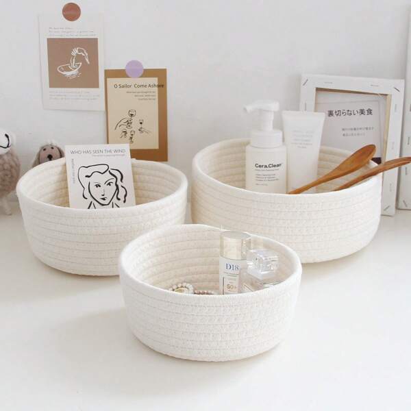 1pc/3pcs Open Weave Desktop Storage Basket/Organizer, Small/Medium/Large Sizes, Round Woven Rope Basket, Desk Organizer Box