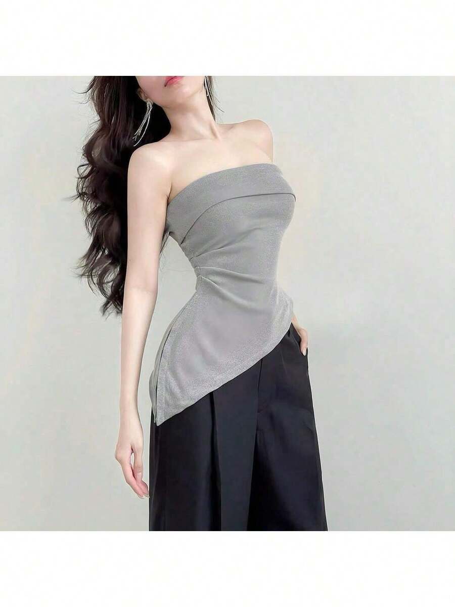 女式夏季无袖露背开叉腰下摆不对称针织上衣，不对称开叉腰/褶皱衬衫，适合庆典、派对、约会、日常穿着 - 灰色 - 查看 1