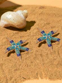 1pc Fashion Personalized Summer Beach Ocean Style Starfish Rhinestone Ombre Blue Metal Earrings, Metallic Texture, Suitable For Daily Wear, Festivals, Parties, And Beach Vacations