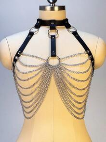 Bộ 2 món đồ lót gợi cảm toàn thân cho nữ, kèm dây xích, thắt lưng da PU, phụ kiện phong cách Punk Goth, thích hợp cho các buổi hẹn hò hàng ngày. - màu đen - Xem 16