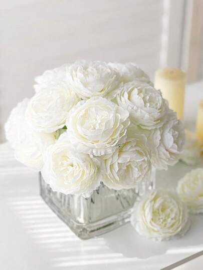 20pcs/12pcs/5pcs White Artificial Peony Flower Heads, Silk Fake Peony Flower Heads, Suitable For Wedding Party Decor, Cake Decor, Home Living Room Dining Table Decor, Autumn Party Decor, Harvest Dining Table Centerpiece, Wreath Decor