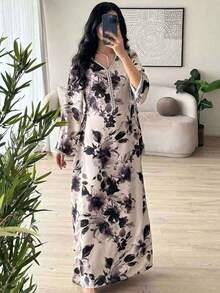 Hafizah 阿拉伯迪拜印花长裙，水钻装饰，时尚 Jalabiya - 紫丁香色 - 查看 5