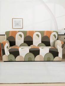 1pc Geometric Pattern Stretch Sofa Cover, Suitable For All Seasons, Protects Sofa And Decorates Home - Burnt Orange - View 5