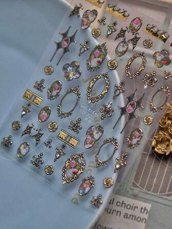 1 pieza de Pegatinas de uñas de diamante de 5D, Nuevas pegatinas de uñas decorativas chinas, Pegatinas de uñas DIY con marco de flor de metal, Regalos perfectos para las uñas de las niñas