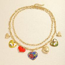 2 Stücke bohemian-artiger mehrschichtiger Halskette mit Herz-Anhänger, modischer bunter Herz-Charm doppelte Ketten Halskette, geeignet für Frauen Alltagsparty, Geschenk